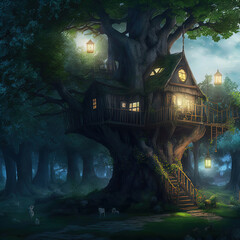 Fantasy treehouse. Dwelling of magical creatures like elves, gnomes, goblins and fairies. 