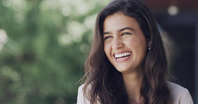 Business woman, face and laughing on office balcony in marketing startup, advertising or Portugal creative company. Portrait, smile and happy designer, worker or employee with comic facial expression