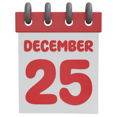 3D Rendering December 25. Calendar with Christmas date. PNG Transparent Background.