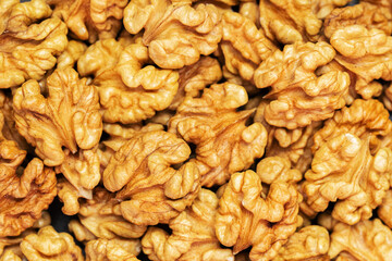 Walnuts background. Kernels walnuts. Top view. Vegetarian or healthy food