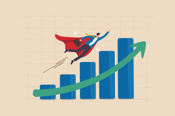 Growth or growing business success, increase sales or career improvement, earn more investment profit or earning, rising up or up trend concept, businessman superhero fly up exponential growth chart.