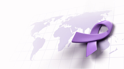 Violet lavender awareness ribbon on world map to sign symbol of World Cancer Day banner campaign, 3d rendering - 549367197
