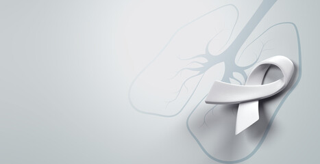white ribbon and red Lung line shape, Banner for Lung Cancer Awareness Month or World Lung Cancer Day concept, 3d rendering