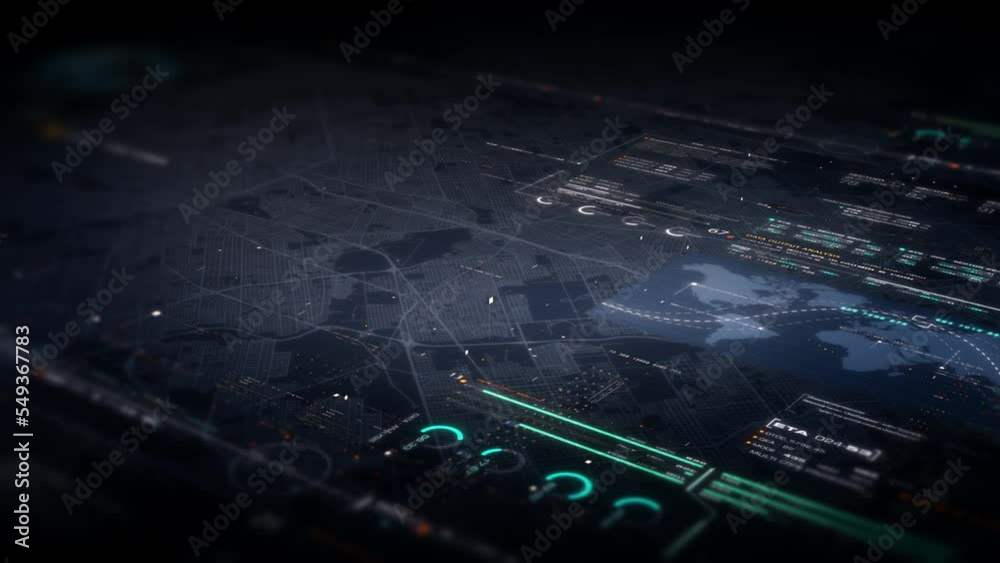 Leinwandbilder Futuristic motion graphic user interface head up display screen with digital data city map telemetry information display for digital background computer desktop display screen