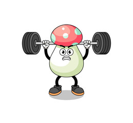 mushroom mascot cartoon lifting a barbell