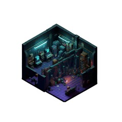 Isometric modern game asset interior of cyberpunk