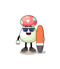 Mascot cartoon of mushroom as a surfer