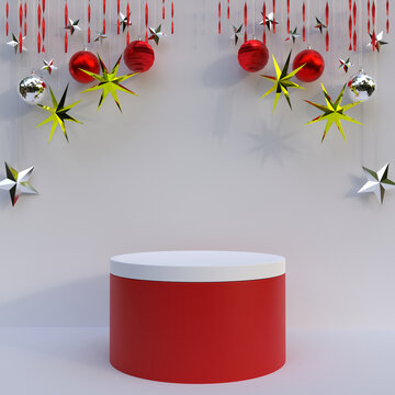 Empty Podium 3d Illustration For Christmas Product Presentation Background, Decorative Stage Concept Design With Red Balls In 3d Render, Blank Abstract Background For Advertising And Social Presence 