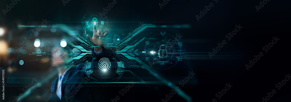 Poster Businessman touching padlock and encryption of business data network with fingerprint scanning and Biometric identification of security and protect business transaction, Security digital technology.