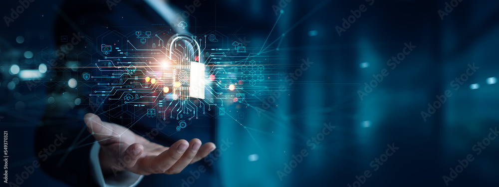 Poster Businessman and fingerprint scanning unlock and access to business data network. Cloud. Biometric identification and cyber security protect business transaction from online digital cyber attack.