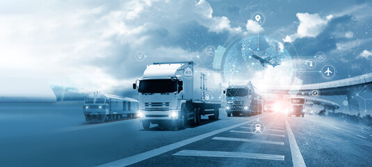Logistics and transportation, Integrated warehousing and transportation operation service. Network distribution of Container Cargo, Smart logistics and future of transport on global networking. - obrazy, fototapety, plakaty