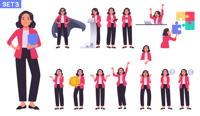Businesswoman character set. Business woman or office worker in different poses, actions and gestures. Manager thinks, rejoices in success, puts together a puzzle - 549370336