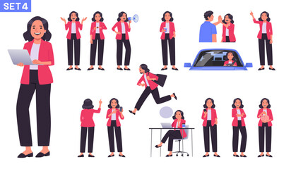 Business woman character collection. Office worker or businesswoman in different actions, gestures and poses. Manager runs, drives a car, attracts an audience - 549370375
