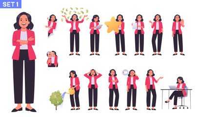 Business woman character set. Businesswoman or office worker in various poses, emotions, gestures. The manager searches, invests, speaks, works - 549370382