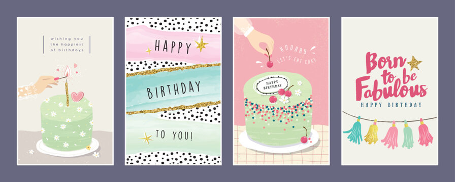 Set of lovely birthday cards design with cakes, party decorations and typography design.