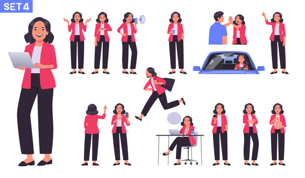 Business woman character collection. Office worker or businesswoman in different actions, gestures and poses. Manager runs, drives a car, attracts an audience