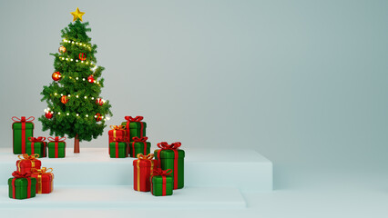 3d illustration Christmas and new year background 3d render xmas pine tree, gift box xmas ball. greeting card, banner, poster