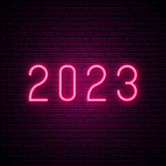 Fototapeta na wymiar 2023 neon sign. Bright pink numbers signboard, light banner. Logo neon, emblem. Stock vector illustration.