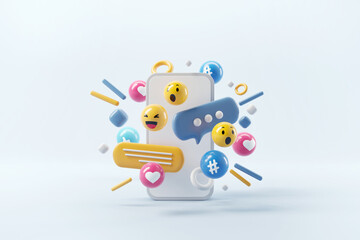 Mobile phone with social network Icons, abstract trendy design for social media advertising. 3d render.