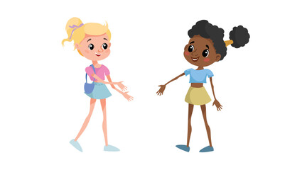 Two children meet to each other. Caucasian girl going to shake the hand his new Afro American friend. School friends have fun. Vector illustration isolated on white.