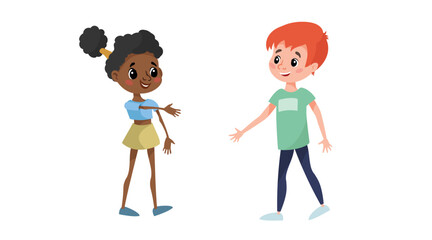 Two children meet to each other. Afro American girl going to shake the hand his new Caucasian  boy friend. School friends have fun. Vector illustration isolated on white.