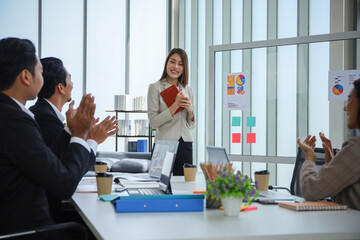 Business people relax meeting in office by using laptop computer and discussion or brainstorming