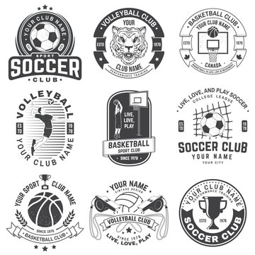 Vintage monochrome label, sticker, patch with basketball, volleyball, soccer players silhouettes. Vector illustration.