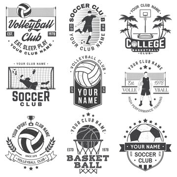 Vintage monochrome label, sticker, patch with basketball, volleyball, soccer players silhouettes. Vector illustration.