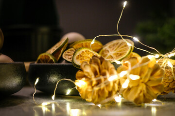 Dried lime slices as a Christmas decoration. Defocused