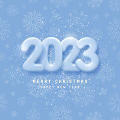 Happy New Year 2023. Realistic 3d numbers made of glossy plastic in cartoon style on background with snowflakes pattern. Template for celebration Christmas and New Year 2023. Vector illustration