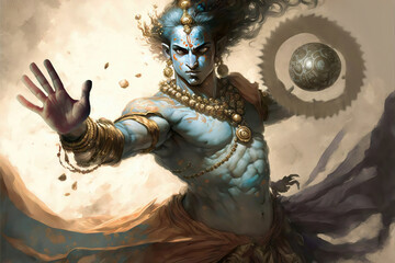 AI generated image of Hindu God Krishna in a war against evil 