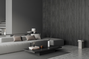 Grey chill interior with couch, coffee table with decoration and mockup wall