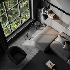 Top view on dark living room interior with sofa, window