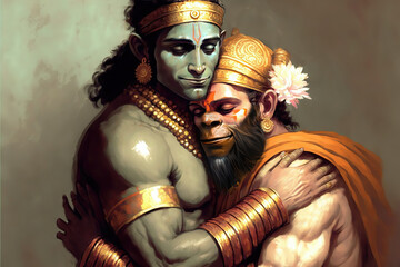 AI generated image of Hindu god Lord Rama hugging his devotee Lord Hanuman - obrazy, fototapety, plakaty