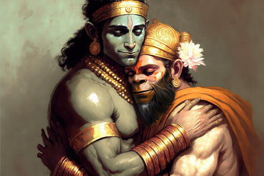 AI generated image of Hindu god Lord Rama hugging his devotee Lord Hanuman