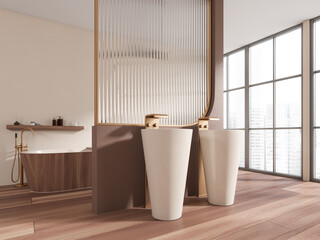 Fototapeta na wymiar Luxury hotel bathroom interior with two washbasins and tub, panoramic window