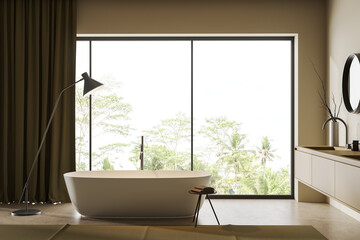 Light bathroom interior with bathtub and washbasin, panoramic window