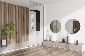 Light bathroom interior with washbasins and douche with accessories