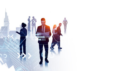 Business people working together, big data analysis and cityscape. Copy space