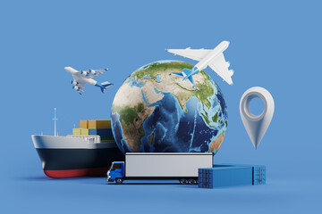 Global logistics with cargo ship, airplanes and truck, earth and location pin