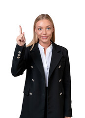 Businesswoman with finger pointing up, isolated over white backg