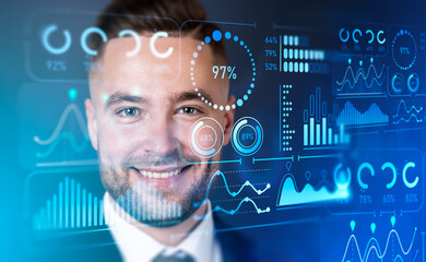 Smiling businessman and digital business data chart, percentage circle