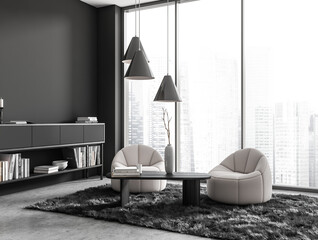 Corner view on dark living room interior with two armchairs