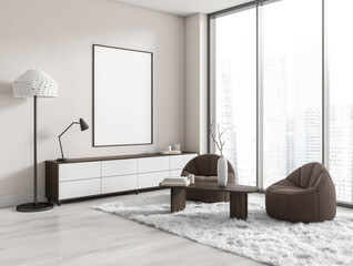 Luxury chill interior with armchairs and dresser with window. Mockup frame