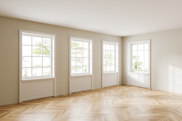 Fototapeta premium Corner view on bright empty room interior with panoramic windows