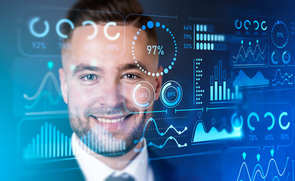Smiling businessman and digital business data chart, percentage circle - Powered by Adobe