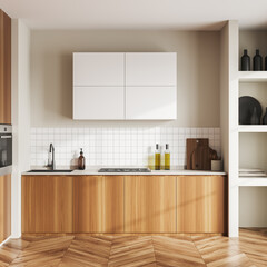 Stylish kitchen interior with sink, stove and shelves with kitchenware - obrazy, fototapety, plakaty