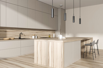 Corner view on bright kitchen room interior with white wall