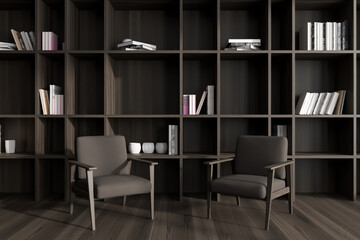 Front view on dark living room interior with two armchairs