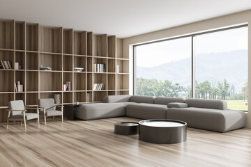 Corner view on bright living room interior with two armchairs